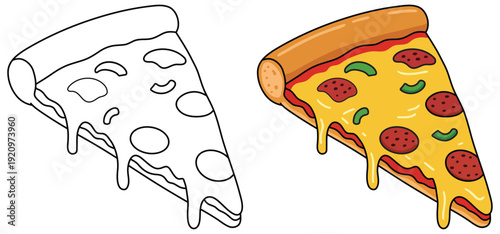 Pizza slice vector illustration showing cheesy pepperoni food icon design