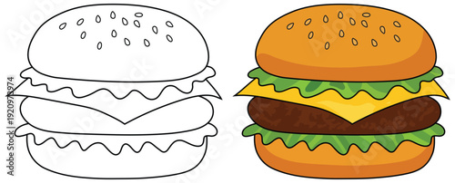 Burger vector illustration with outline and colored cartoon fast food style