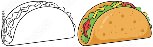 Taco vector illustration with outline and colored cartoon fast food style