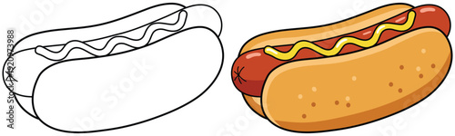 Hot dog vector illustration with outline and colored cartoon fast food style