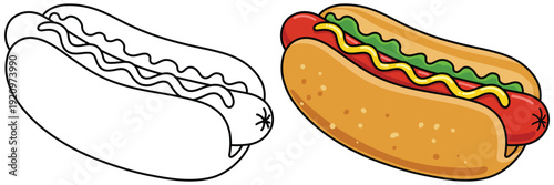 Hot dog vector illustration showing outline and colored cartoon fast food icon