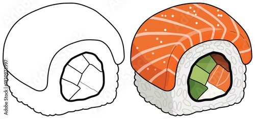 Sushi roll vector illustration with outline and colored cartoon Japanese food