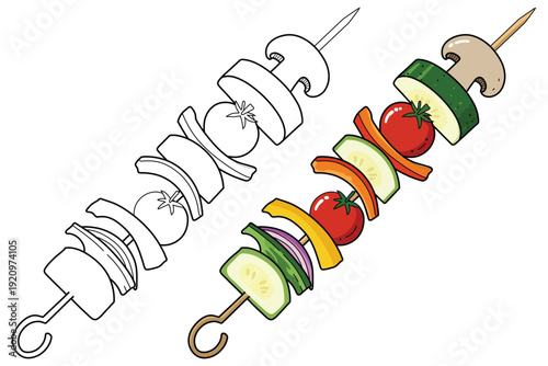 Vegetable skewer vector illustration with zucchini mushrooms tomatoes peppers and onions in cute cartoon style