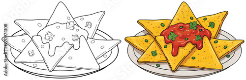 Nachos plate vector illustration with tortilla chips topped with salsa sauce in cute cartoon style