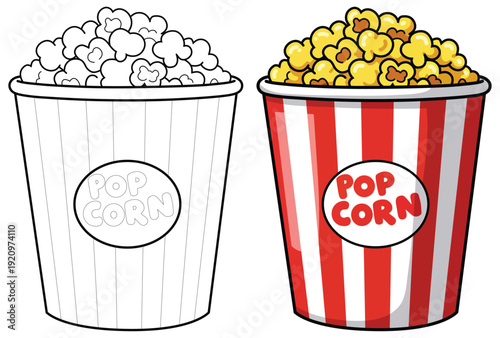 Popcorn vector illustration of striped cinema bucket in cute cartoon style