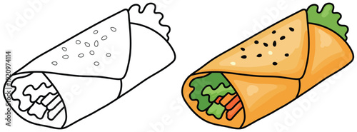 Wrap sandwich vector illustration showing a fresh rolled tortilla filled with vegetables drawn in a clean cute cartoon style for food packaging branding and menus