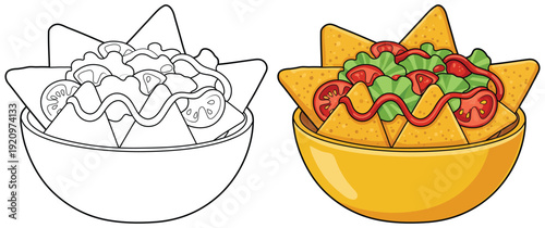 Nachos vector illustration with tortilla chips and toppings in cute cartoon style