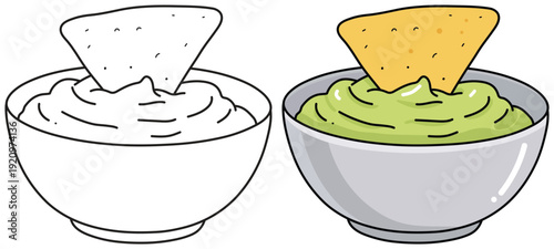 Guacamole dip vector illustration showing a tortilla chip in a creamy bowl drawn in a cute cartoon style