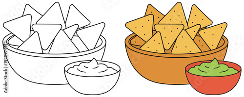 Nachos vector illustration showing tortilla chips in a bowl with creamy dip in a cute cartoon style