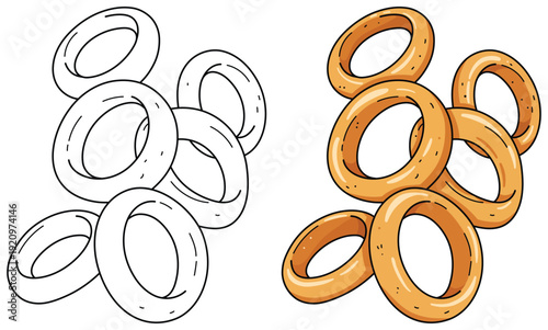 Stack of onion rings vector illustration showing crispy golden fried rings in a clean cute cartoon style