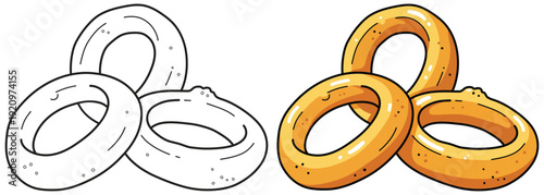 Onion rings vector illustration showing crispy golden fried rings stacked together in a cute cartoon style
