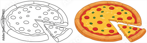 Pizza slice vector illustration showing cheesy pepperoni topping in cute cartoon style