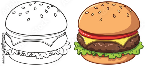 Cheeseburger vector illustration with lettuce tomato and sesame bun