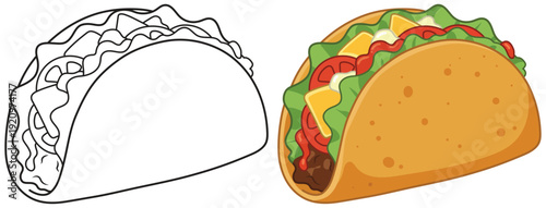 Taco vector illustration with beef cheese lettuce and tomato filling