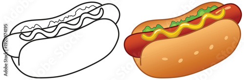 Hot dog with lettuce and mustard in soft bread bun