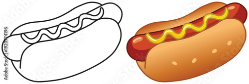 Hot dog vector illustration with mustard in soft bun
