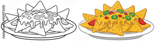 Nachos plate with melted cheese and toppings vector illustration