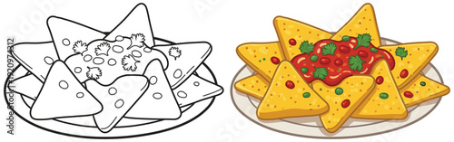 Nachos plate topped with melted cheese and fresh vegetables