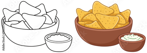 Tortilla chips bowl with dip sauce vector illustration