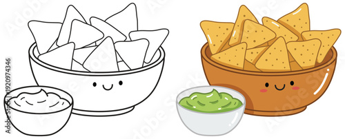 Tortilla chips bowl with guacamole dip cute vector illustration