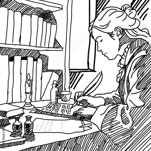 Vintage Illustration of a Woman Writing with a Quill Pen by Candlelight in a Classic Library – Concept of Poetry, History, and Literature.