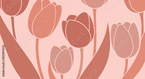 Seamless vector pattern illustration featuring elegant stylized tulip flowers in charming shades of warm pink and peach, ideal for inviting springtime designs and backgrounds