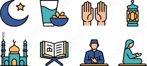 Ramadan Kareem Islamic Icon Set – Mosque, Lantern, Quran and Iftar Dates