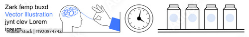 Cognitive science, time management, task prioritization, efficiency, mental clarity, and planning. Brain illustration, clock and storage jars. Cognitive science and time management visualization