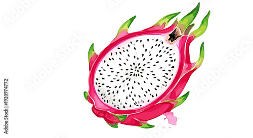 Vibrant tropical dragon fruit half isolated on white background