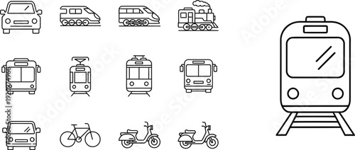 Front view of a large modern passenger train dominates the right side, alongside smaller transportation icons like cars and buses.