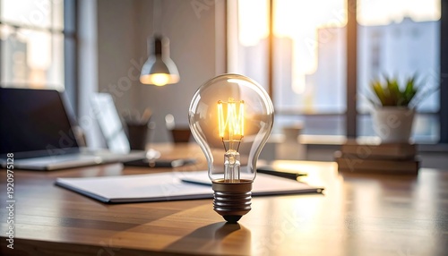 A glowing lightbulb on a wooden desk in a modern office
