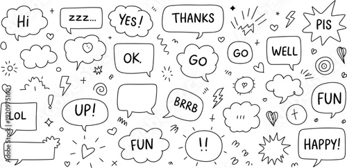Hand drawn collection of various speech bubbles and doodle elements in black and white high quality