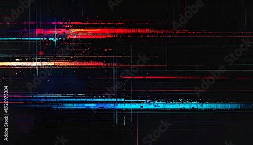 Abstract image with horizontal glitch lines and colorful streaks against a dark background, creating a digital effect