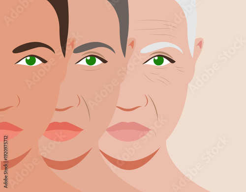 Flat portraits of three women at different ages. Three woman’s face flat illustration, contrasting youth and age