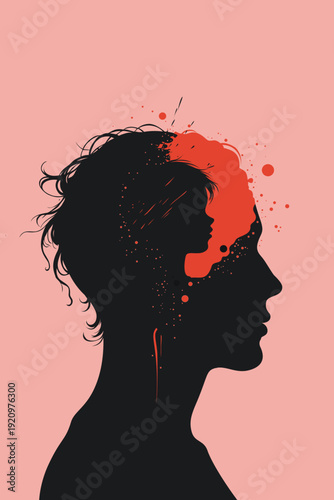 Adult silhouette profile with inner child face emerging from head with red paint splatter, symbolizing trauma therapy, childhood memories and inner voice on pink background