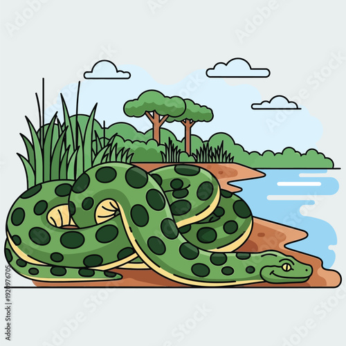 Green anaconda snake by river with trees flat line vector illustration