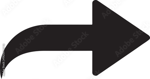 Bold black arrow silhouette pointing rightward with a curved tail Pro Vector
