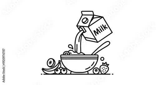 Delicious breakfast bowl with milk pour and fresh fruit