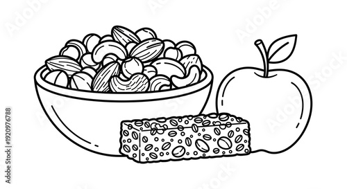 Healthy snack selection with nuts, apple, and energy bar