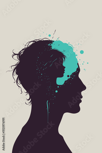 Adult silhouette profile with inner child silhouette emerging from head with turquoise paint splatter, symbolizing trauma therapy, childhood memories, inner voice on beige background
