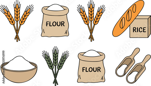 Agricultural Grain and Baking Ingredient Vector Set – Wheat, Rye and Flour Collection