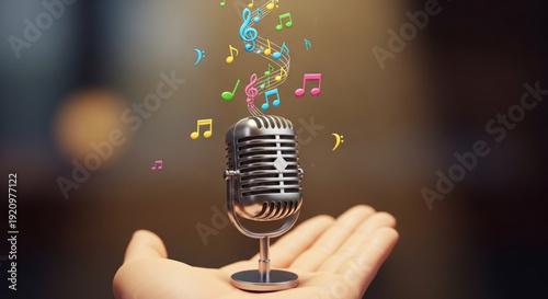 Silver Microphone with Music Notes in Hand during Recording Session