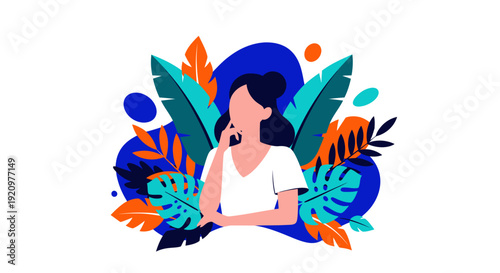 Thoughtful woman wearing a white shirt stands surrounded by vibrant tropical leaves in shades of teal, orange, and deep indigo blue, conveying contemplation.