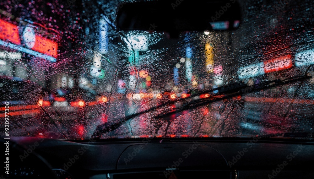 Naklejka premium Nighttime windshield shot with heavy rain distorting neon signs and passing vehicles windshield wipers creating streaks that enhance the dramatic scene.