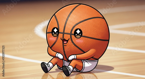Cartoon Basketball Character Sitting on Basketball Court Floor with Injured Knee