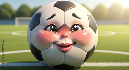 Smiling Soccer Ball on Green Football Field during Sunny Day