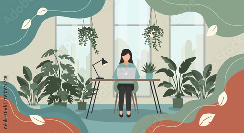 Woman works remotely at a laptop surrounded by numerous large green potted houseplants beneath a wide window with muted natural light in an earthy toned room.