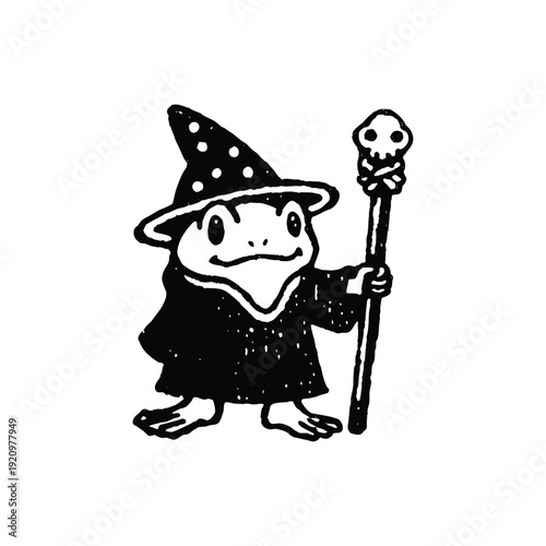 Black and white illustration of a wizard frog character with a pointed wizard hat and long robe holding a wooden stick in a hand drawn style vector art