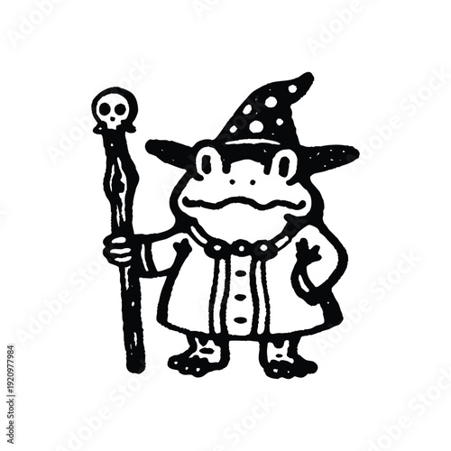 Black and white illustration of a wizard frog character with a pointed wizard hat and long robe holding a wooden stick in a hand drawn style vector art