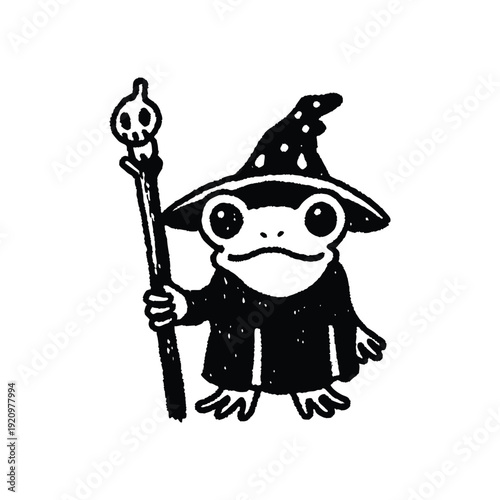 Black and white illustration of a wizard frog character with a pointed wizard hat and long robe holding a wooden stick in a hand drawn style vector art